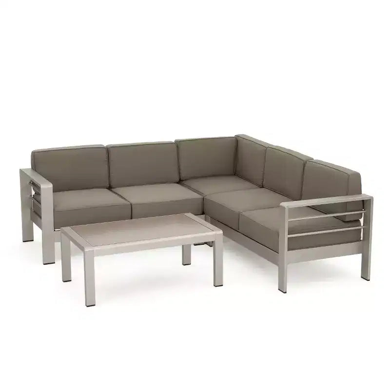 Salome 4pc Patio Chat Set: Modern Weather-Resistant Aluminum Frame, Loose Cushions, Tempered Glass Table, 5-Seater Capacity