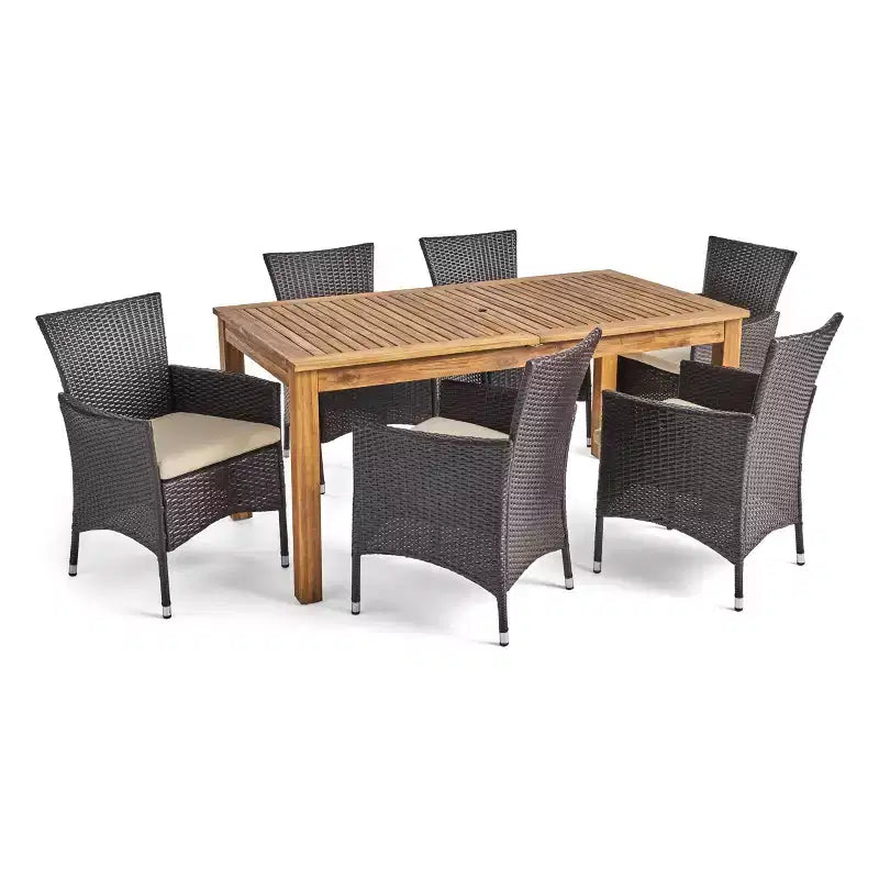 Conjunto de comedor expandible para patio de 7 piezas Nadia, de madera y mimbre - Natural/marrón/beige - Christopher Knight Home: incluye 6 sillas y cojines extraíbles