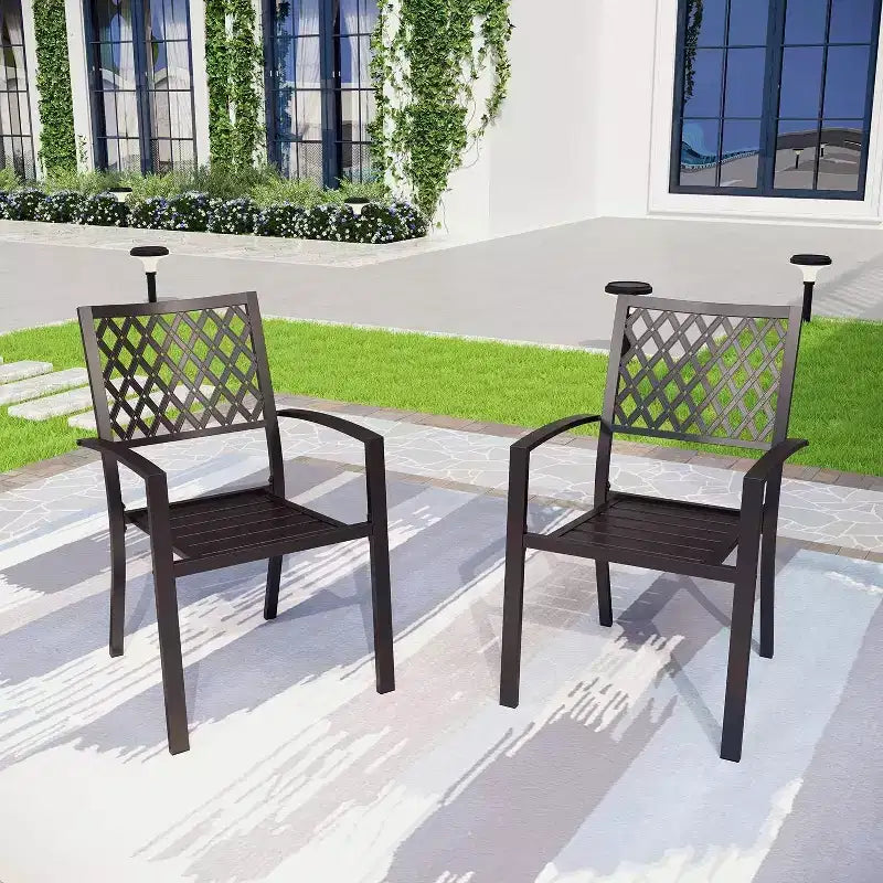 5-delige terrasmeubelset met vierkante metalen tafel van 37" met rasterpatroon en parasolgat & stoelen met armleuningen - Captiva Designs: tuinmeubelset
