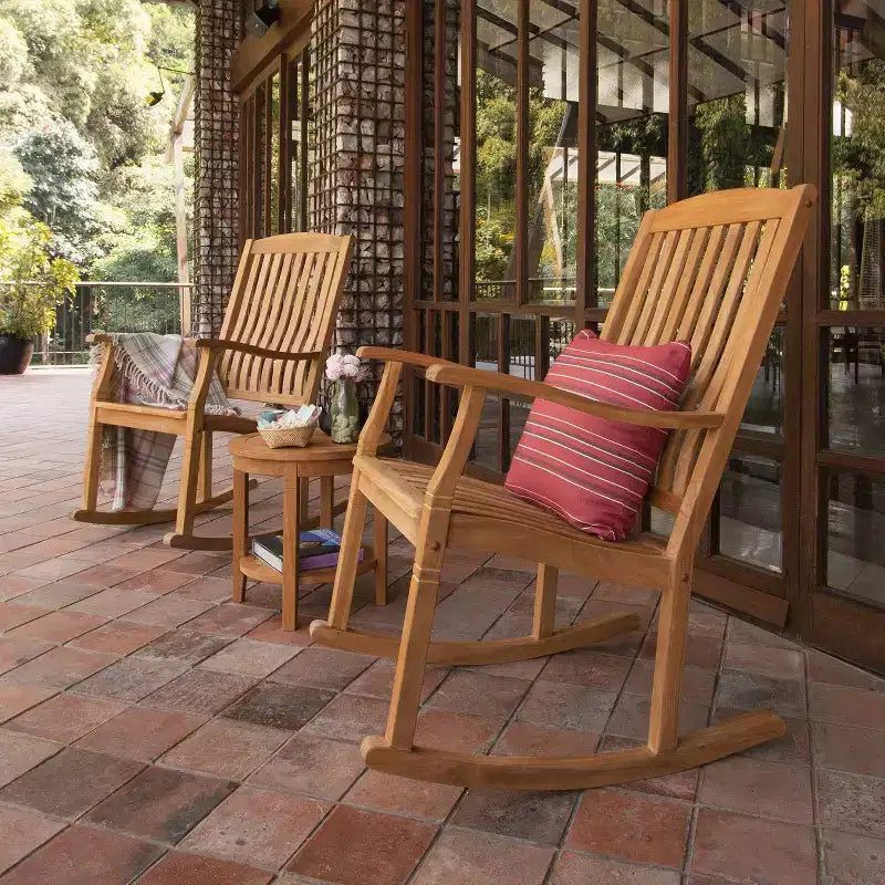 Sonoma Lane Channing 3pc Teak Outdoor Chat Set – Weather-Resistant Small-Space Furniture with 2 Rockers and Accent Table