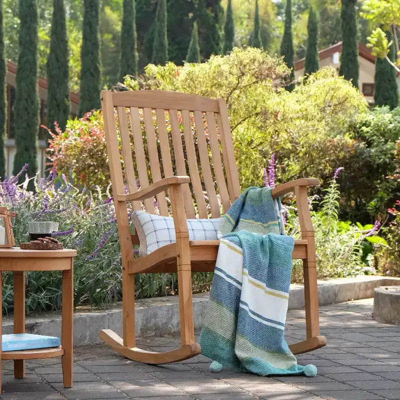 Sonoma Lane Channing 3pc Teak Outdoor Chat Set – Weather-Resistant Small-Space Furniture with 2 Rockers and Accent Table