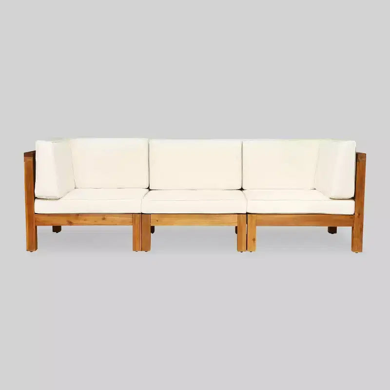 Oana 3pc Acacia Wood Patio Modular Sofa - Teak/Beige - Christopher Knight Home: Weather-Resistant Outdoor Seating Set