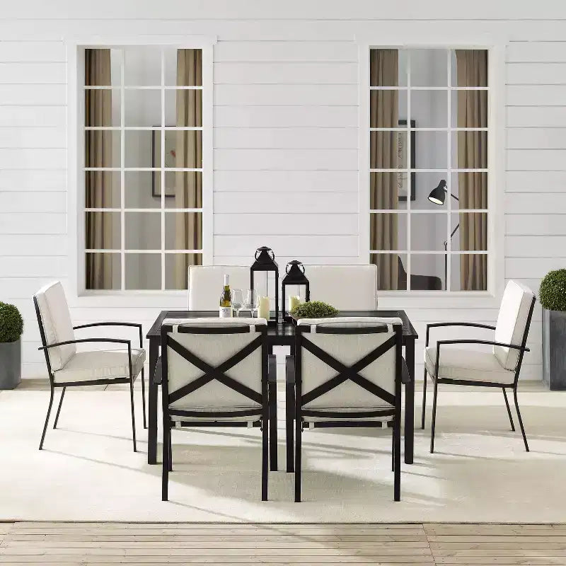 Conjunto de comedor exterior Kaplan de 7 piezas con 6 sillas con reposabrazos y mesa de comedor, avena/bronce frotado con aceite - Crosley