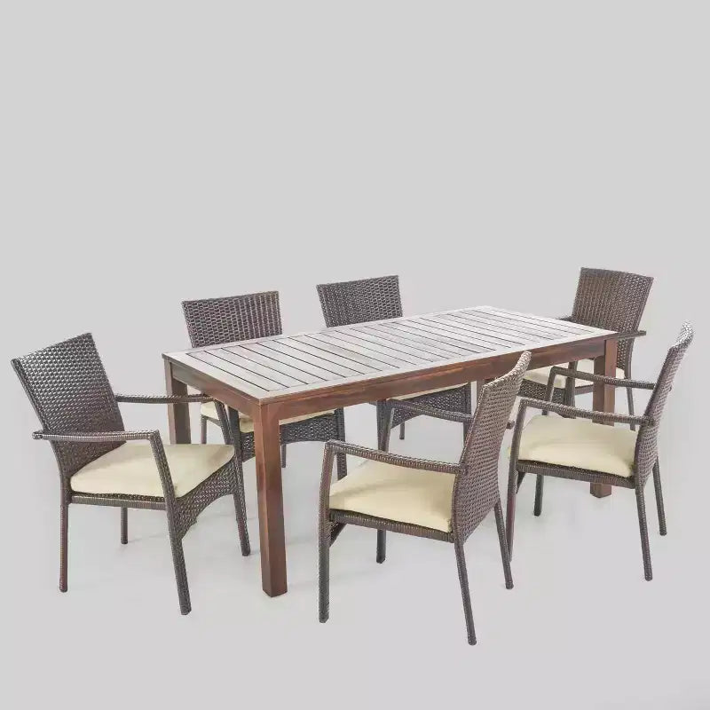 Geelong 7-teiliges Terrassen-Ess-Set aus Akazienholz und Korbgeflecht - Braun - Christopher Knight Home: inklusive Kissen und verzinkten Stahlbeschlägen