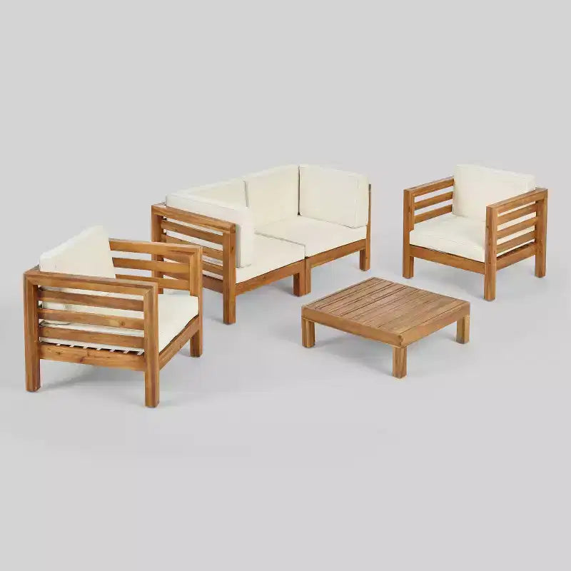 Oana 5pc Acacia Wood Loveseat Chat Set Teak/Beige: Modular Outdoor Furniture with Plush Cushions - Christopher Knight Home