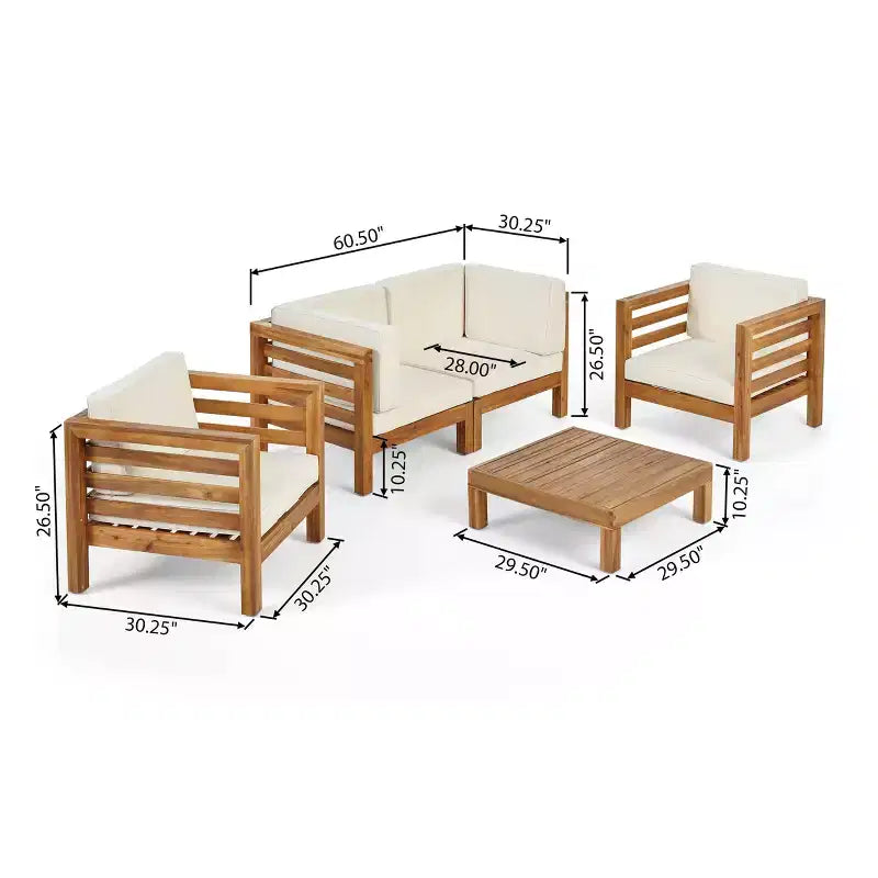 Oana 5pc Acacia Wood Loveseat Chat Set Teak/Beige: Modular Outdoor Furniture with Plush Cushions - Christopher Knight Home