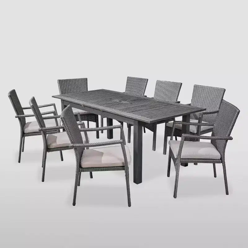 Davenport 9 Parça Ahşap ve Hasır Genişletilebilir Yemek Takımı Koyu Gri/Gri - Christopher Knight Home