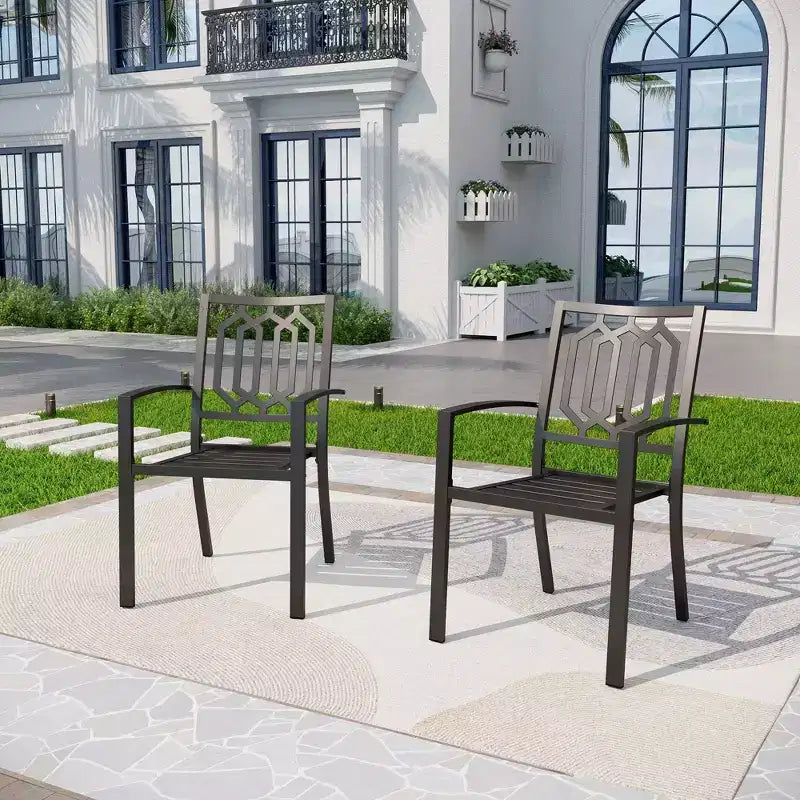 5-elementowy metalowy kwadratowy zestaw mebli jadalnianych do wnętrz i na zewnątrz z krzesłami z podłokietnikami i otworem na parasol – Captiva Designs: odporny na warunki atmosferyczne zestaw