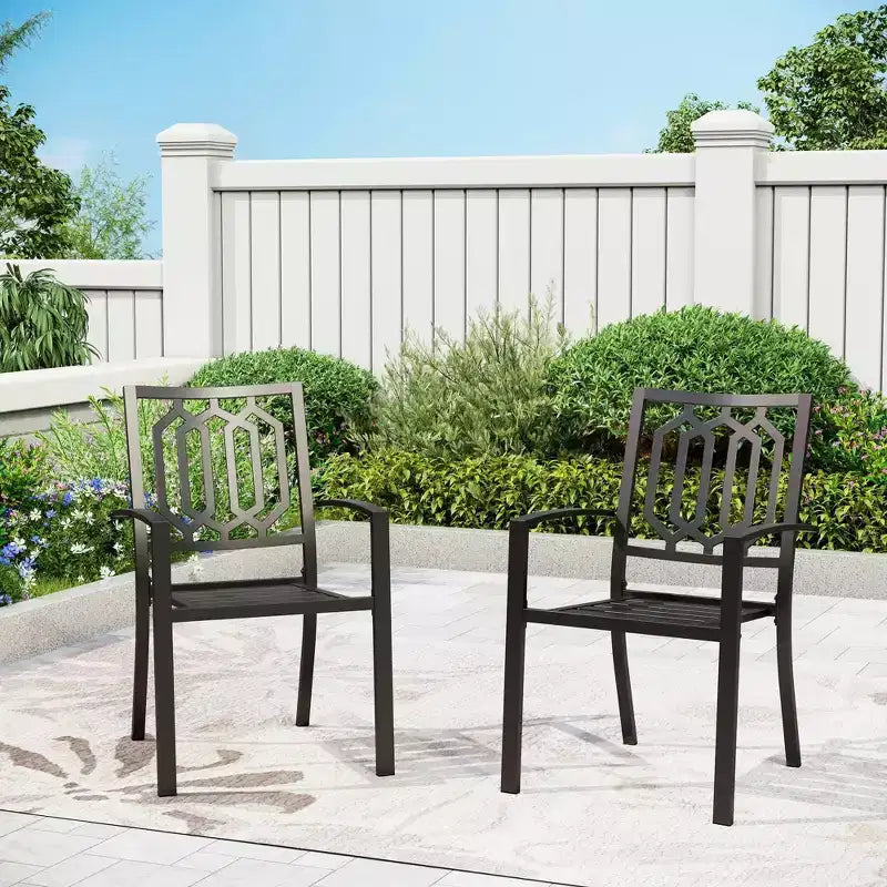 5-elementowy metalowy kwadratowy zestaw mebli jadalnianych do wnętrz i na zewnątrz z krzesłami z podłokietnikami i otworem na parasol – Captiva Designs: odporny na warunki atmosferyczne zestaw