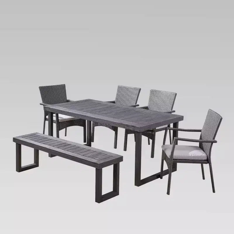 Juego de comedor de 6 piezas Garner, de madera y mimbre, con silla y banco, gris oscuro/gris con acabado arenado, Christopher Knight Home