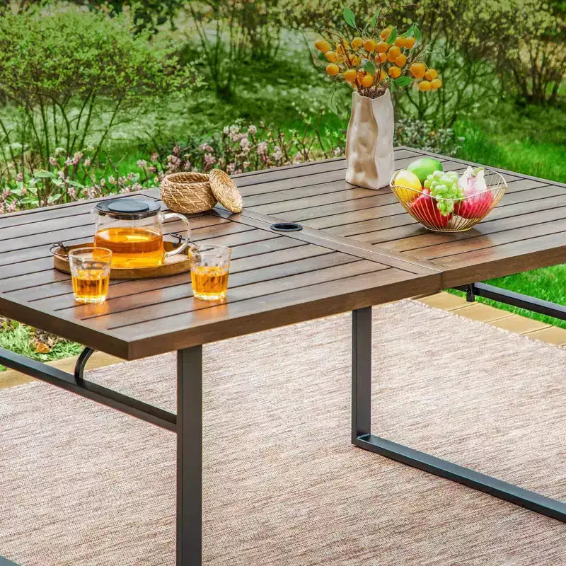 7-delige patioset met rechthoekige tafel met imitatiehouten blad en parasolopening & verstelbare klapstoelen - Captiva Designs