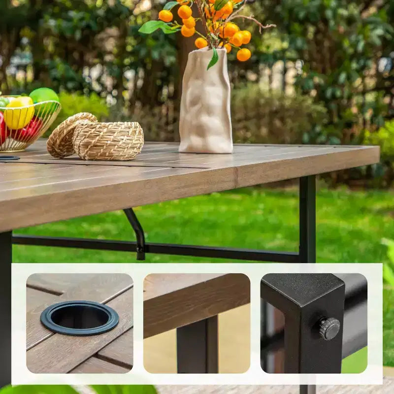 7-delige patioset met rechthoekige tafel met imitatiehouten blad en parasolopening & verstelbare klapstoelen - Captiva Designs