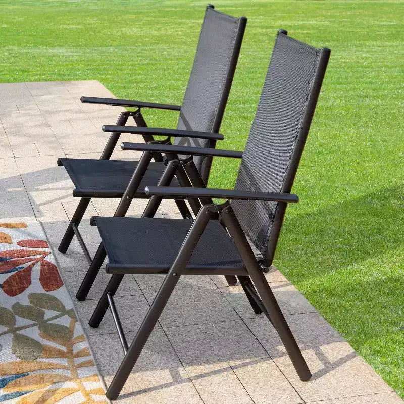 7-delige patioset met rechthoekige tafel met imitatiehouten blad en parasolopening & verstelbare klapstoelen - Captiva Designs