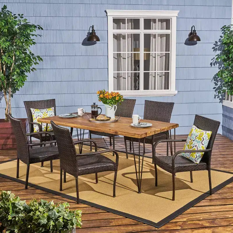 Conjunto de comedor para patio Walker de 7 piezas de acacia y mimbre, color teca - Christopher Knight Home: asientos para exterior, mesa con patas de horquilla