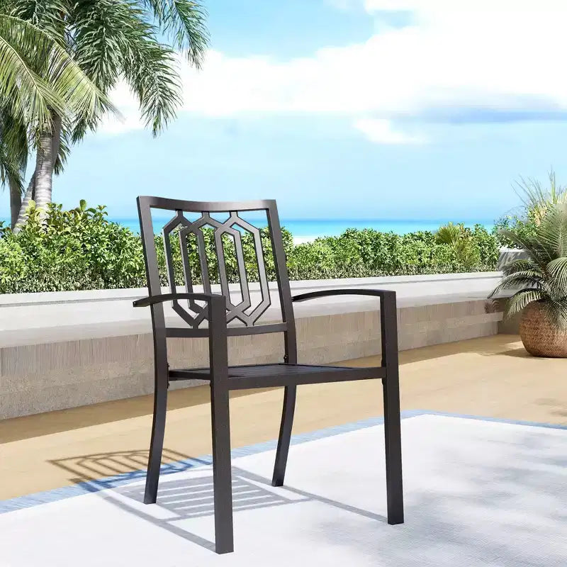 Juego de comedor exterior de 5 piezas con sillas apilables & mesa redonda de metal con orificio para sombrilla - Negro - Captiva Designs: juego de patio resistente a la intemperie