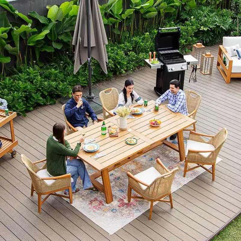 Sonoma Lane Quinlan 7-teiliges Teak-Esszimmer-Set für die Terrasse mit Sitzauflagen – Wetterbeständig