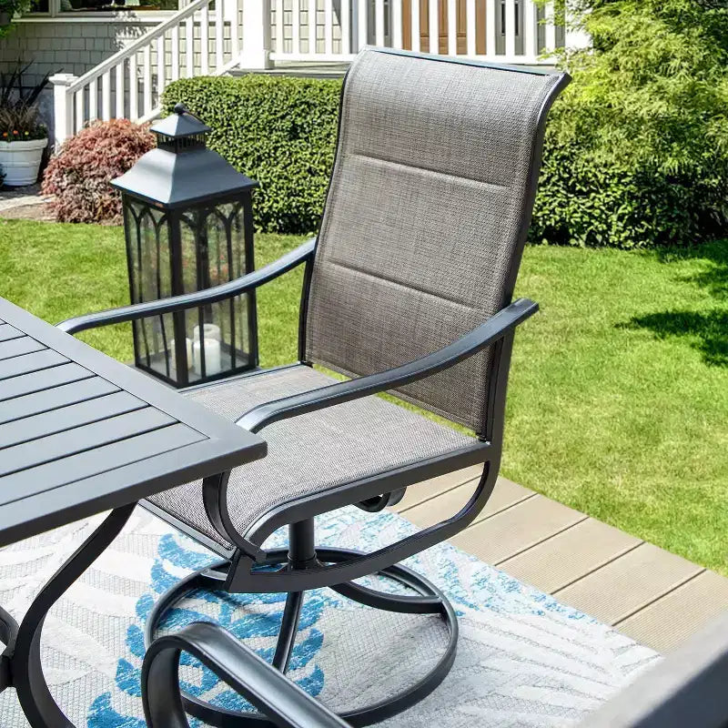 Diningset voor terras met stalen tafel met parasolgat van 1.57" en 360° draaibare slingstoelen met armleuningen - Captiva Designs
