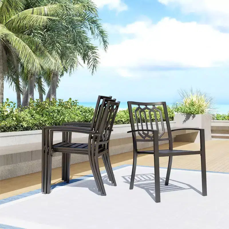 8-teiliges Outdoor-Essgruppenset mit Metalltisch mit Lamellenplatte & schmiedeeisernen Stühlen – Schwarz/Beige – Captiva Designs
