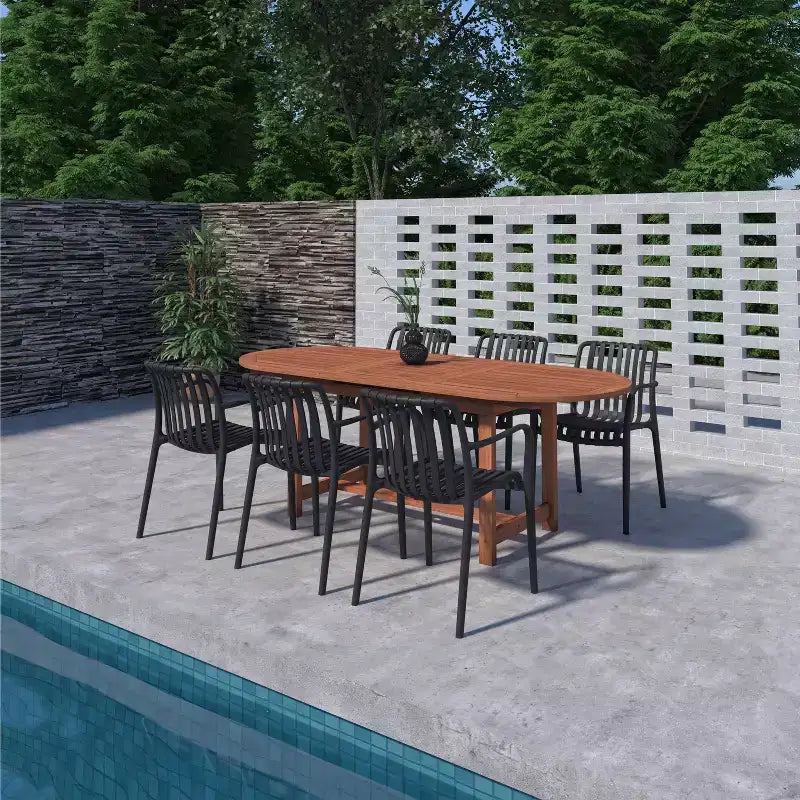 Conjunto de comedor ovalado para patio exterior Amazonia Beijo de 7 piezas, negro