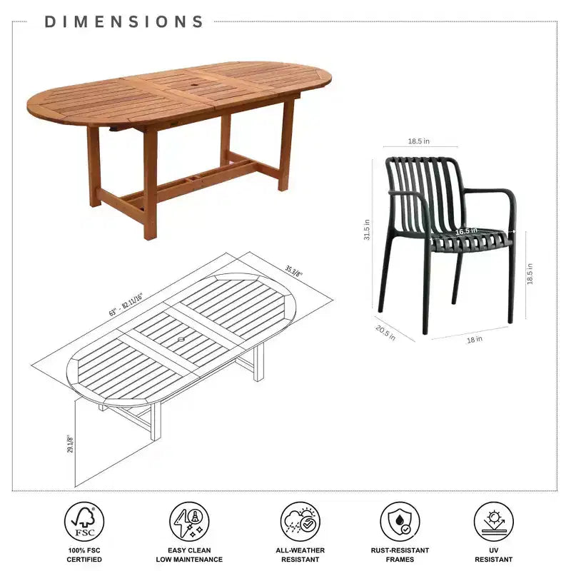 Conjunto de comedor ovalado para patio exterior Amazonia Beijo de 7 piezas, negro