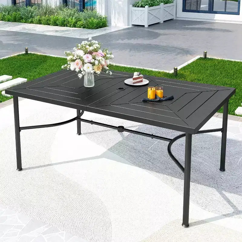 Conjunto de comedor para exterior de 7 piezas con sillas giratorias y mesa rectangular grande de metal con orificio para sombrilla - Captiva Designs: con recubrimiento electroforético, resistente a la intemperie