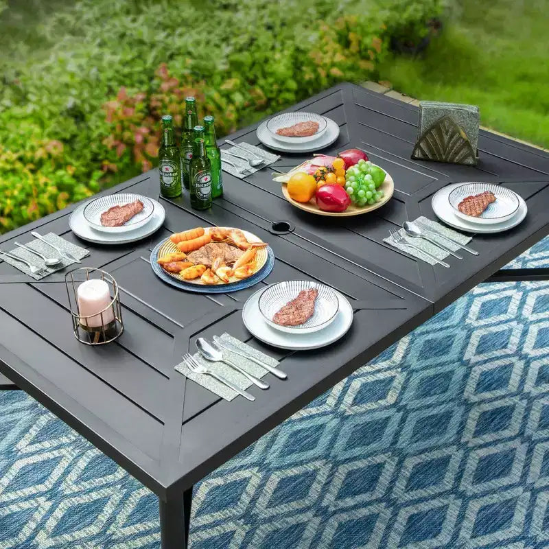 Conjunto de comedor para exterior de 7 piezas con sillas giratorias y mesa rectangular grande de metal con orificio para sombrilla - Captiva Designs: con recubrimiento electroforético, resistente a la intemperie