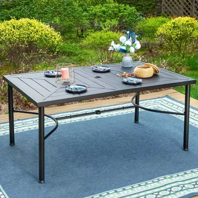 Conjunto de comedor para exterior de 7 piezas con sillas giratorias y mesa rectangular grande de metal con orificio para sombrilla - Captiva Designs: con recubrimiento electroforético, resistente a la intemperie