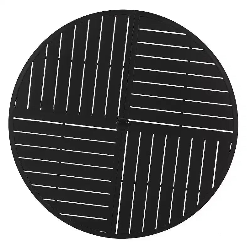 Çizgili İstiflenebilir Sandalyeli ve Şemsiye Delikli Yuvarlak Metal Masalı 5 Parçalı Dış Mekân Yemek Takımı - Siyah - Captiva Designs: Çelik Çerçeve