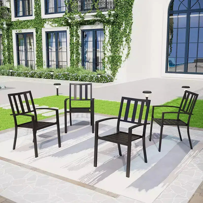 Çizgili İstiflenebilir Sandalyeli ve Şemsiye Delikli Yuvarlak Metal Masalı 5 Parçalı Dış Mekân Yemek Takımı - Siyah - Captiva Designs: Çelik Çerçeve