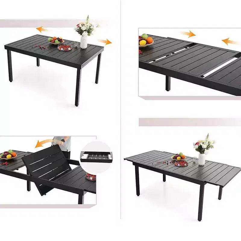 Juego de comedor exterior de 7 piezas con sillas plegables de mimbre ajustables en 7 posiciones y mesa metálica extensible - Captiva Designs: sin cojines, resistente a la intemperie