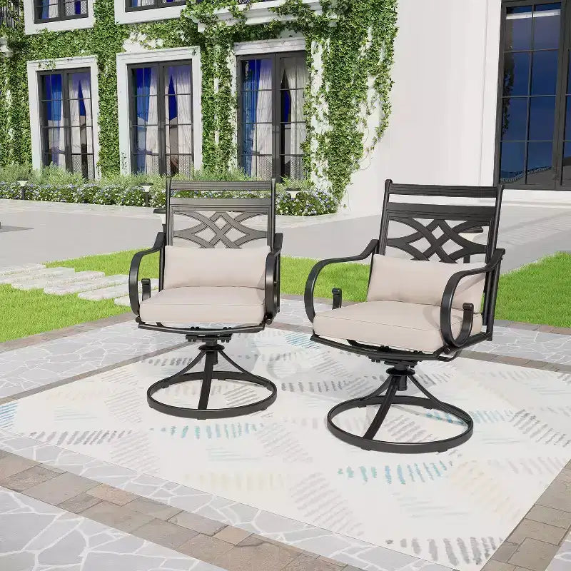 7-teiliges Outdoor-Esszimmerset: Schwarz/Beige, Stahlgestell, wasser- und rostbeständig, 6 Armlehnstühle, rechteckiger Tisch, Terrassenmöbel