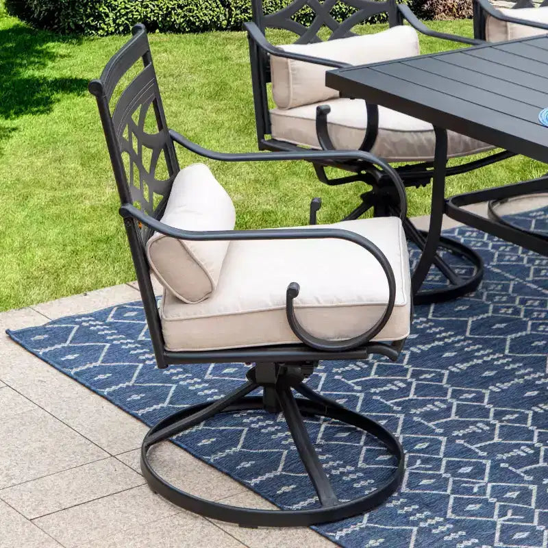 7-teiliges Outdoor-Esszimmerset: Schwarz/Beige, Stahlgestell, wasser- und rostbeständig, 6 Armlehnstühle, rechteckiger Tisch, Terrassenmöbel