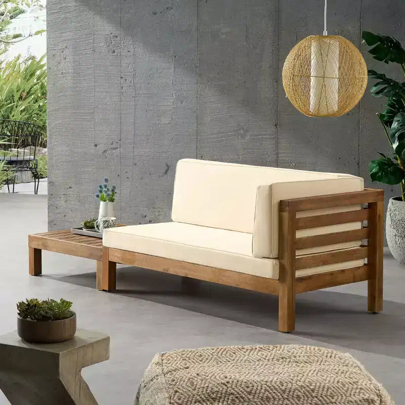 2pk Oana Outdoor Acacia Wood Right Arm Loveseat & Coffee Table Set with Cushions Teak/Beige - Christopher Knight Home