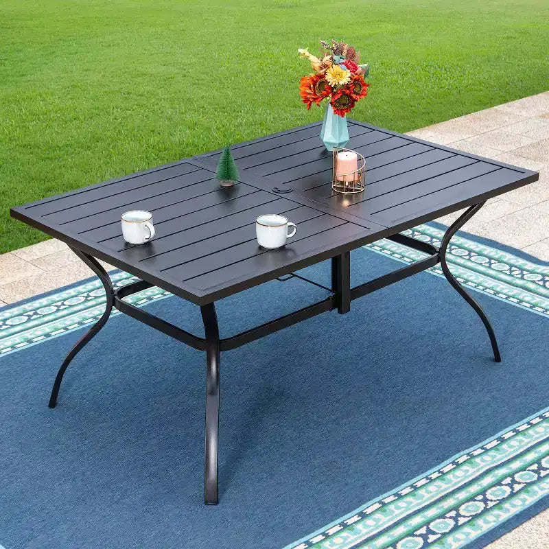 Juego de comedor exterior de 7 piezas con sillas con cojines para asiento y respaldo y mesa metálica con orificio para sombrilla