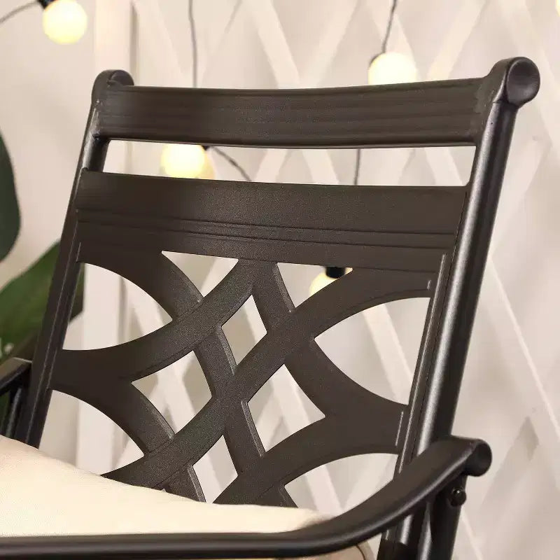 Döner sandalyeli 5 parçalı dış mekân yemek takımı, minderli kare metal masa ve şemsiye deliği & Captiva Designs