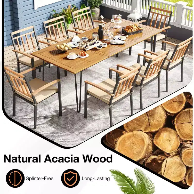 Juego de comedor de patio Costway de 9 piezas con 8 sillas, tablero de mesa de madera de acacia y orificio para sombrilla, para jardín