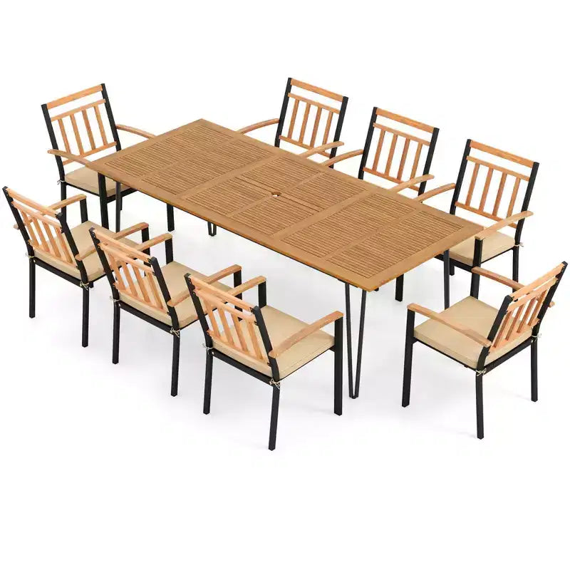 Juego de comedor de patio Costway de 9 piezas con 8 sillas, tablero de mesa de madera de acacia y orificio para sombrilla, para jardín