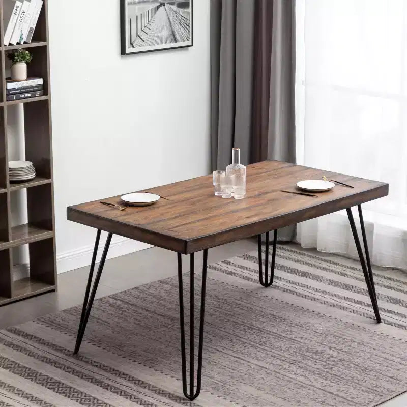 Roundhill Furniture Amisos Dining Set, Hairpin Dining Table with 4 Chairs and Upholstered Bench, 6-Piece