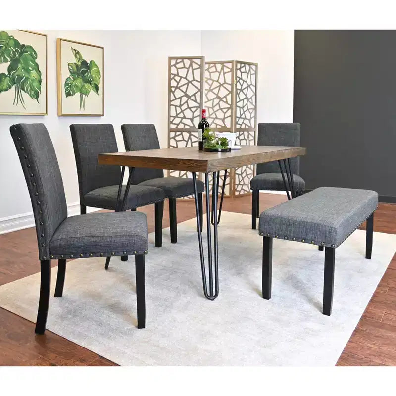 Roundhill Furniture Amisos Dining Set, Hairpin Dining Table with 4 Chairs and Upholstered Bench, 6-Piece