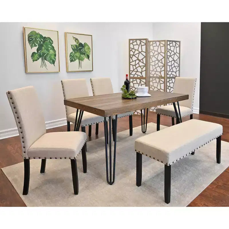 Roundhill Furniture Amisos Dining Set, Hairpin Dining Table with 4 Chairs and Upholstered Bench, 6-Piece