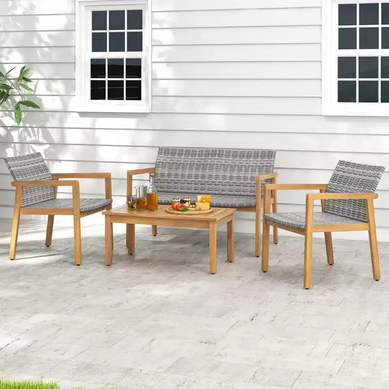 Costway 4 PCS Outdoor Furniture Set, Acacia Wood Frame Sofa Set with Rattan Seat