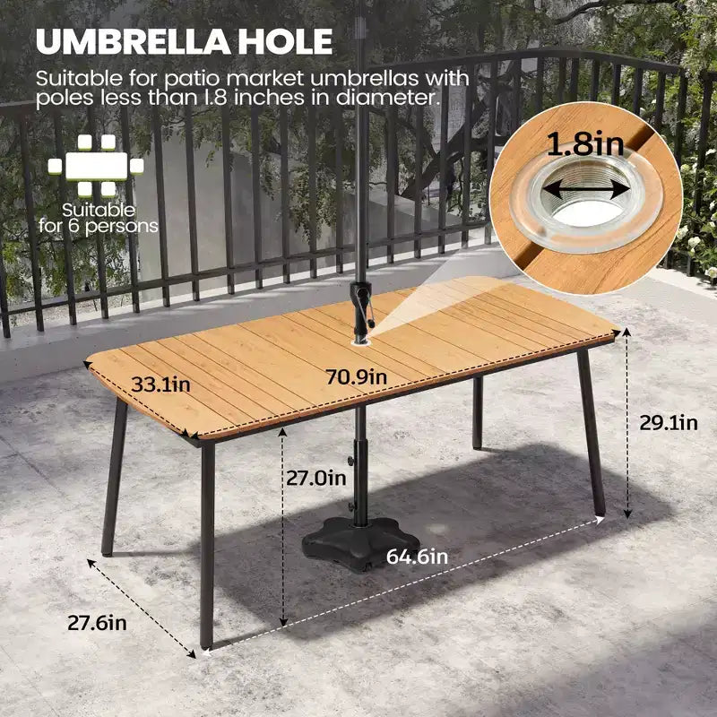 Crestlive Products 7-częściowy zestaw mebli jadalnianych na zewnątrz dla 6 osób, z prostokątnym stołem tarasowym na aluminiowej ramie, blatem imitującym drewno i otworem na parasol