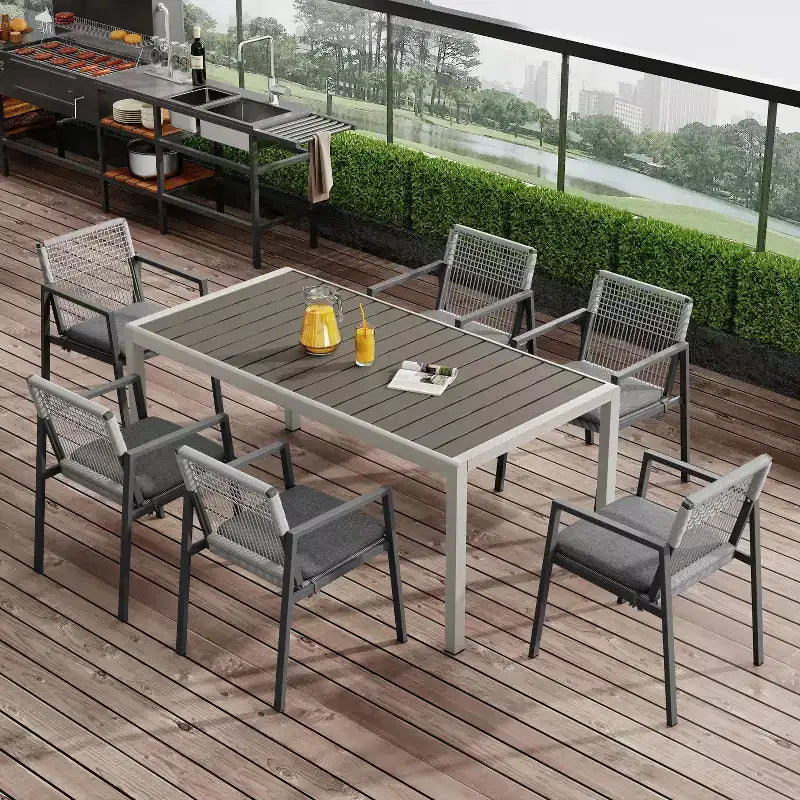 Christopher Knight Home Brooks 7-teiliges Outdoor-Essplatzset aus Aluminium und Holz mit geflochtenem Seil, Grau/Schwarz/Silber