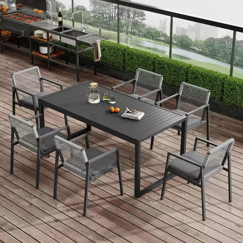 Christopher Knight Home Bennett modern matgrupp för utomhusbruk i aluminium, 7 delar, med vävt rep, svart/grå