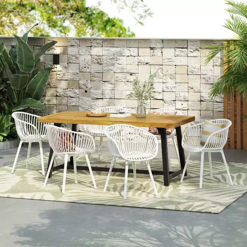 Conjunto de comedor moderno para patio de 7 piezas Marley de Christopher Knight Home, de madera de acacia y polipropileno, teca/negro