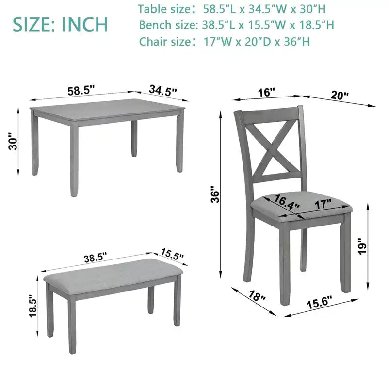 6-Piece Dining Set: Rectangular Wood Table, 4 Upholstered Chairs, Bench for Home Kitchen, Living Room, Bar