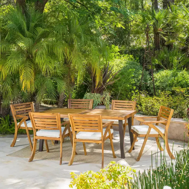 Set da pranzo da esterno Christopher Knight Home Spanish Bay da 7 pezzi in legno di acacia e metallo rustico con cuscini