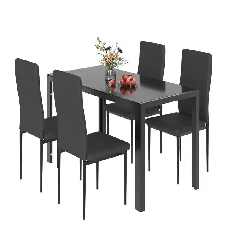 Conjunto de mesa de comedor con tablero de vidrio EROMMY Ebern Designs de 5 piezas, mesa de cocina y 4 sillas de cuero sintético de lujo, negro