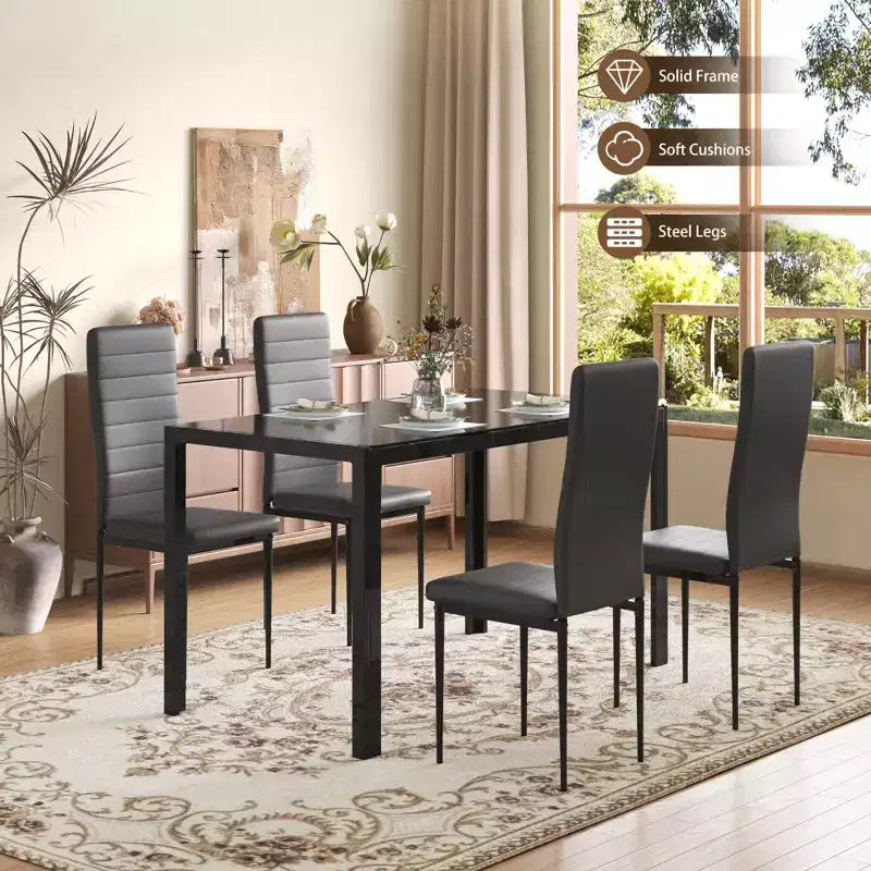 Conjunto de mesa de comedor con tablero de vidrio EROMMY Ebern Designs de 5 piezas, mesa de cocina y 4 sillas de cuero sintético de lujo, negro