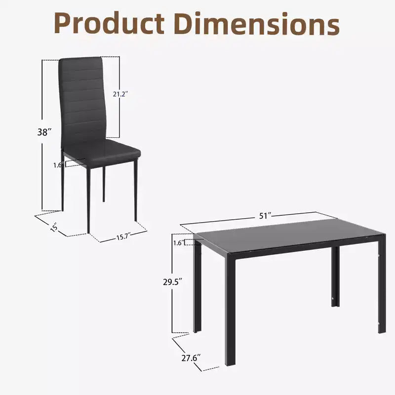 Conjunto de mesa de comedor con tablero de vidrio EROMMY Ebern Designs de 5 piezas, mesa de cocina y 4 sillas de cuero sintético de lujo, negro